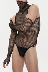 Black Transparent Mesh Sexy Super High Collar Masked Glove Thong Men's Punk Onesie
